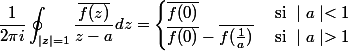 \begin{split}\frac{1}{2\pi i}\oint\nolimits_{\mid z\mid=1}\frac{\bar{f(z)}}{z-a}dz=\begin{cases} \bar{f(0)} & \text{ si } \mid a\mid<1\\ \bar{f(0)}-\bar{f(\frac{1}{a})}& \text{ si } \mid a\mid>1 \end{cases}\end{split}